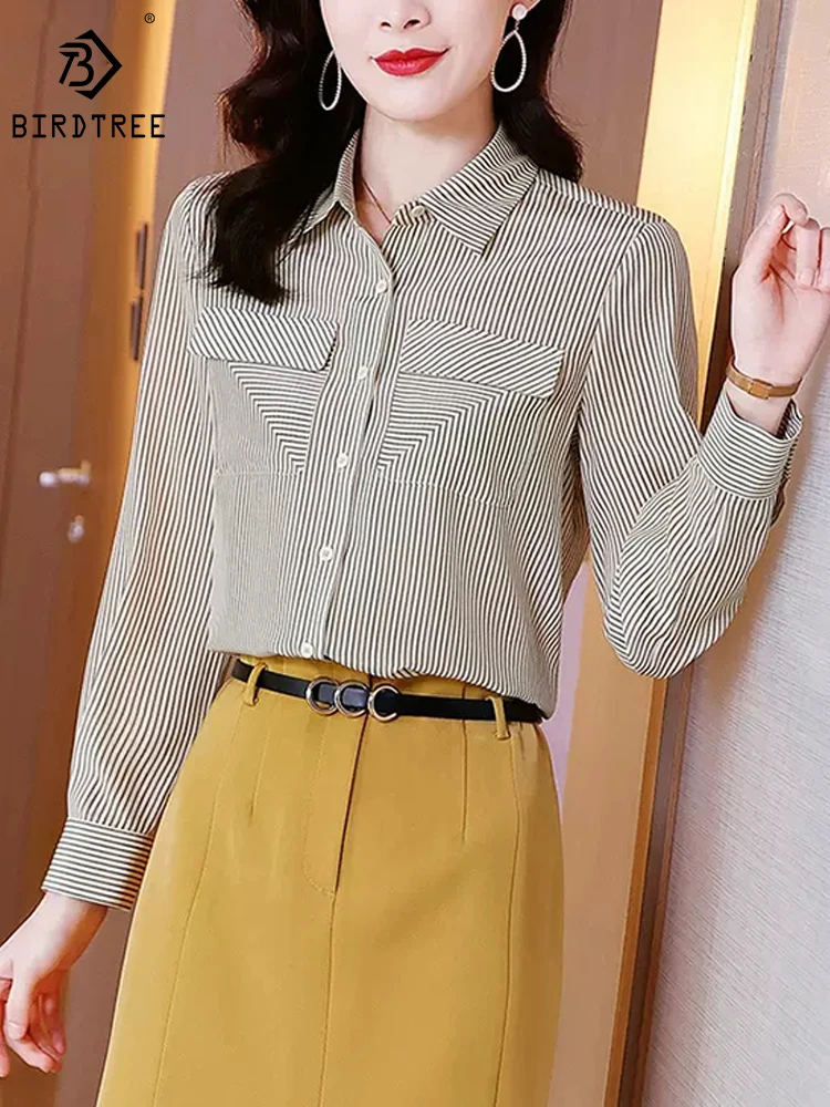 

Birdtree 6A 100%Mulberry Silk Shirt Long Sleeves Polo Collar Retro Stripe Casual Versatile Temperament Commute Blouse T3D136QD