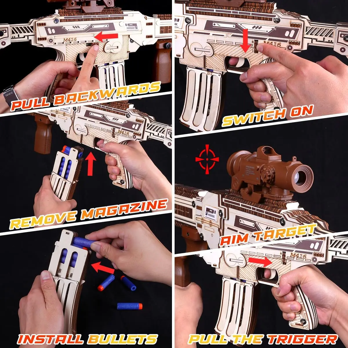 VATOS 3D Wooden Gun Puzzles for Kids Adult with Foam Soft Bullet Electric Wooden M416 Model Rifle Guns Toy DIY Building Gift Boy 5