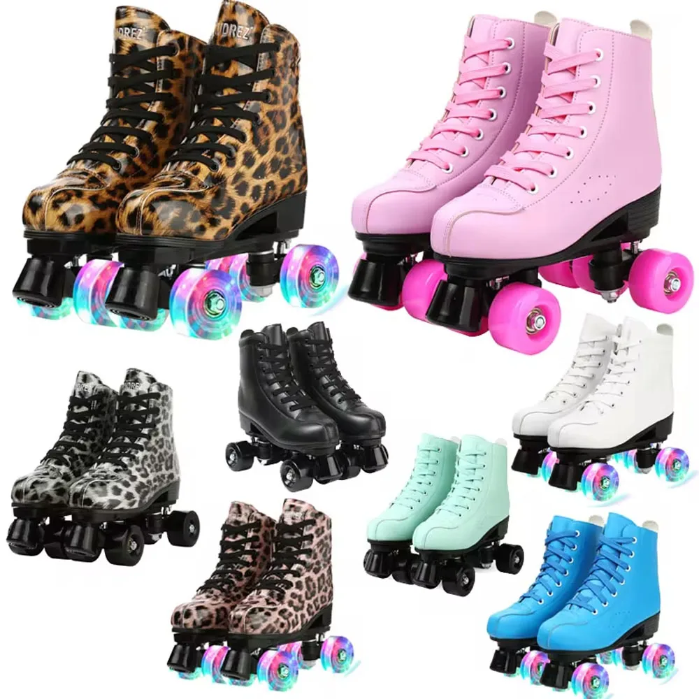 Adult PU Leather Roller Skates Skating Shoes Sliding Inline Quad Skates Sneakers Training Europe Size 4 Wheels Flash 7 Colors adult roller skates