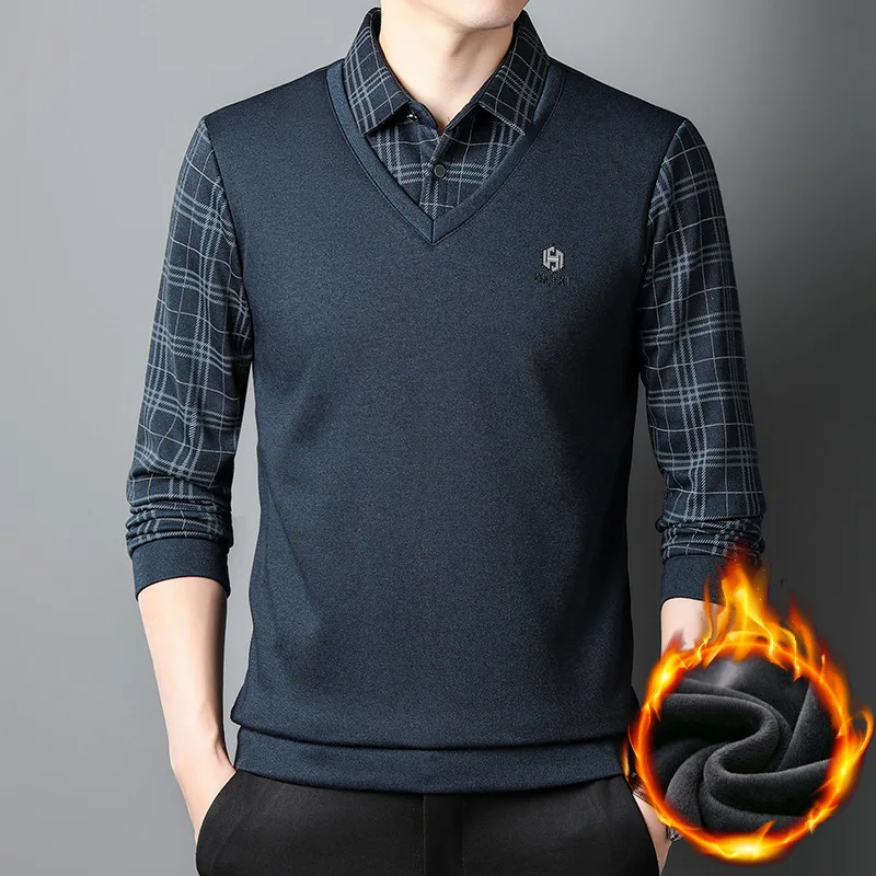 

Fake Two-Piece Thickened Bottoming Men's Casual Fleece-Lined Lapel T-shirt Middle-Aged People's Warm Polo Shirt Dad Fashion