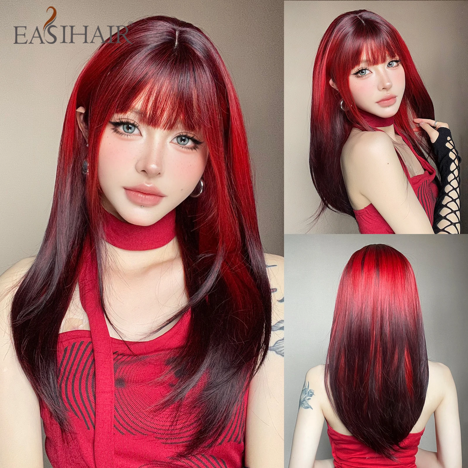 

Black Red Ombre Synthetic Wigs for Cosplay Long Straight Layered Wigs with Bangs Party Hair for Women Heat Resistant Fake Hair