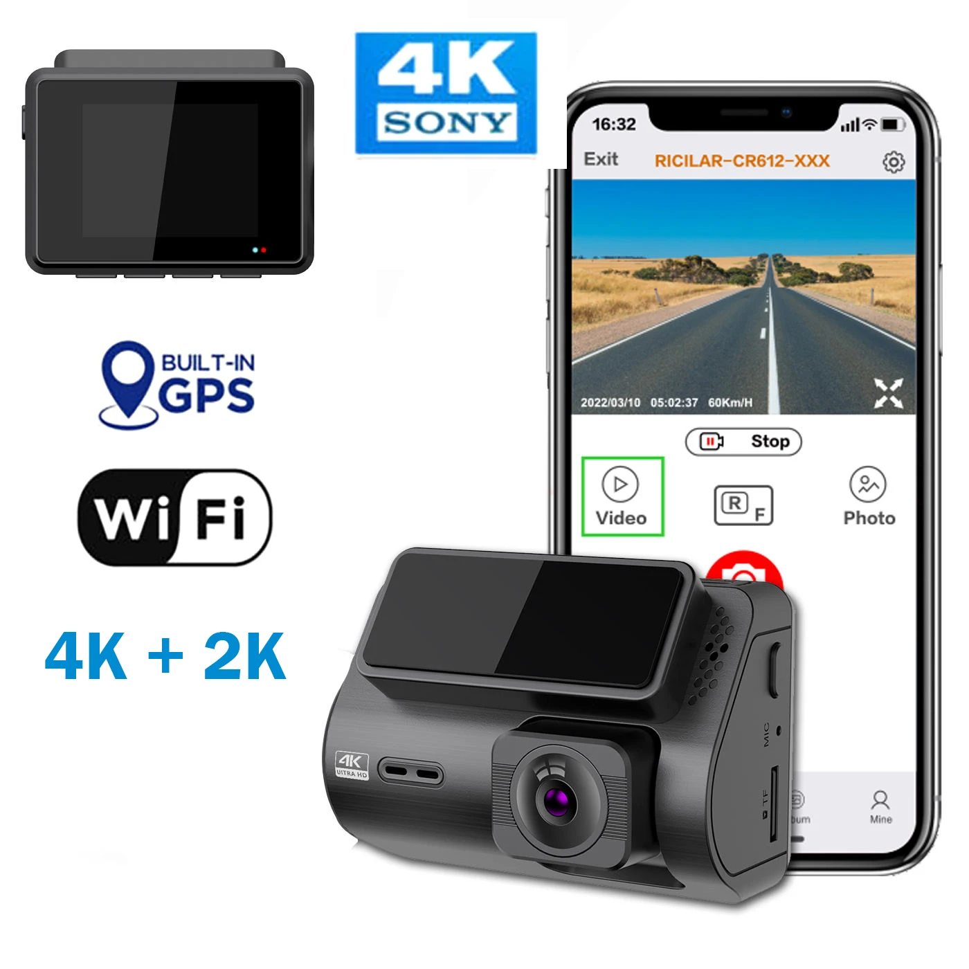 

4K + 2K Front and Rear Dashcam,Built-in WiFi , Sony IMX335 Sensor, Buffered Parking Mode, G-Sensor, Motion Detection with GPS