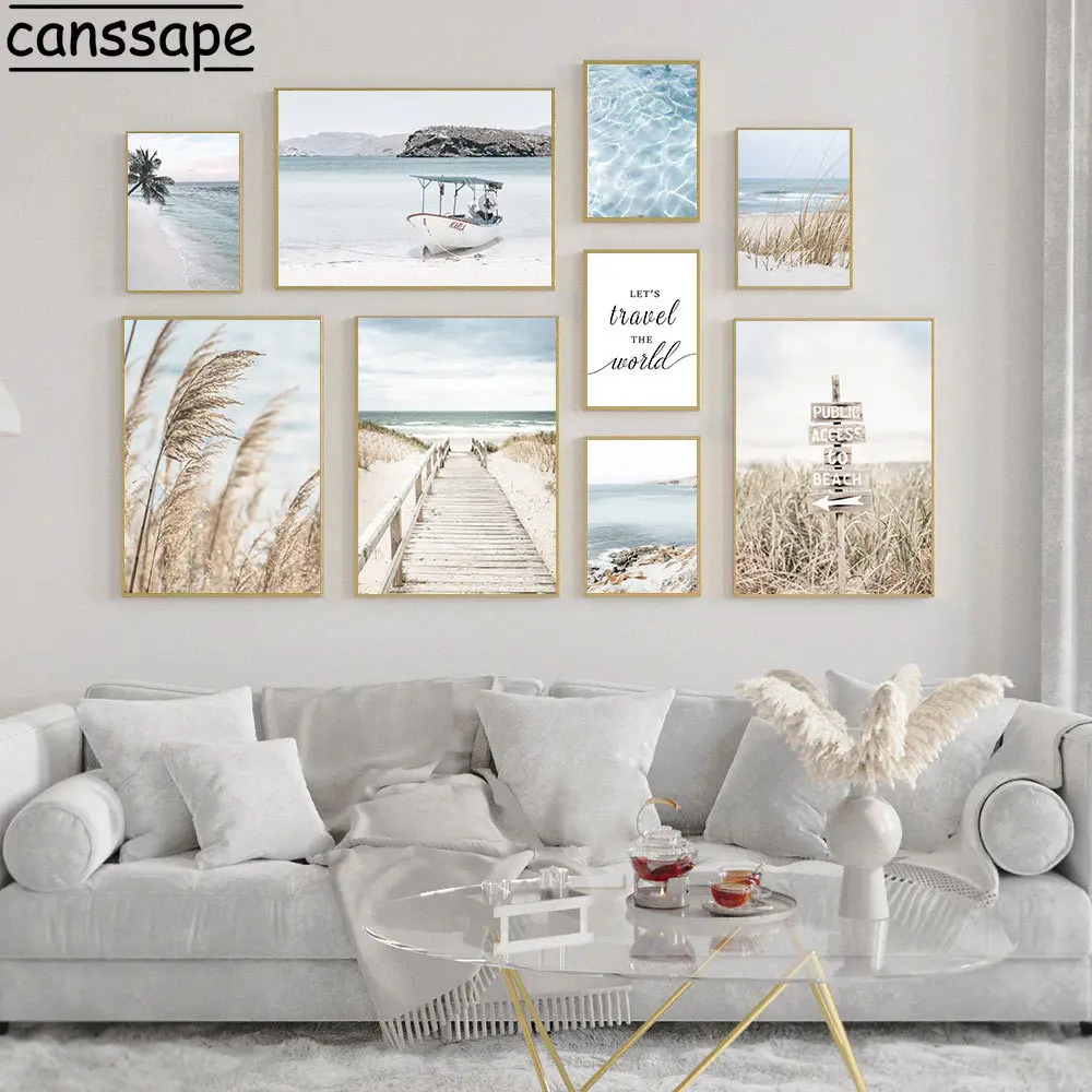 

Sea Beach Wall Art Boat Canvas Painting Hay Reed Seagull Print Pictures Dried Grass Art Prints Nordic Posters Living Room Decor