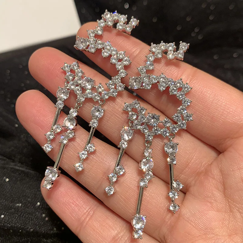 Luxury Exaggerate 5 Number Cubic Zirconia Tassel Dangle Drop Earrings for Women Big Crystal Wedding Party Fashion Jewelry Gift
