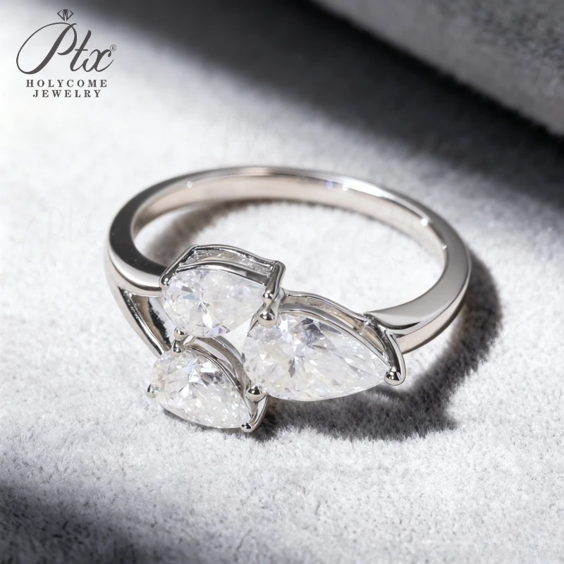 2CT Ring mit drei birnenförmigen Moissaniten, Farbe D, 925er Silber, Verlobungsring, Ehering, hypoallergener Schmuck, Geschenk, süß – Detail 24