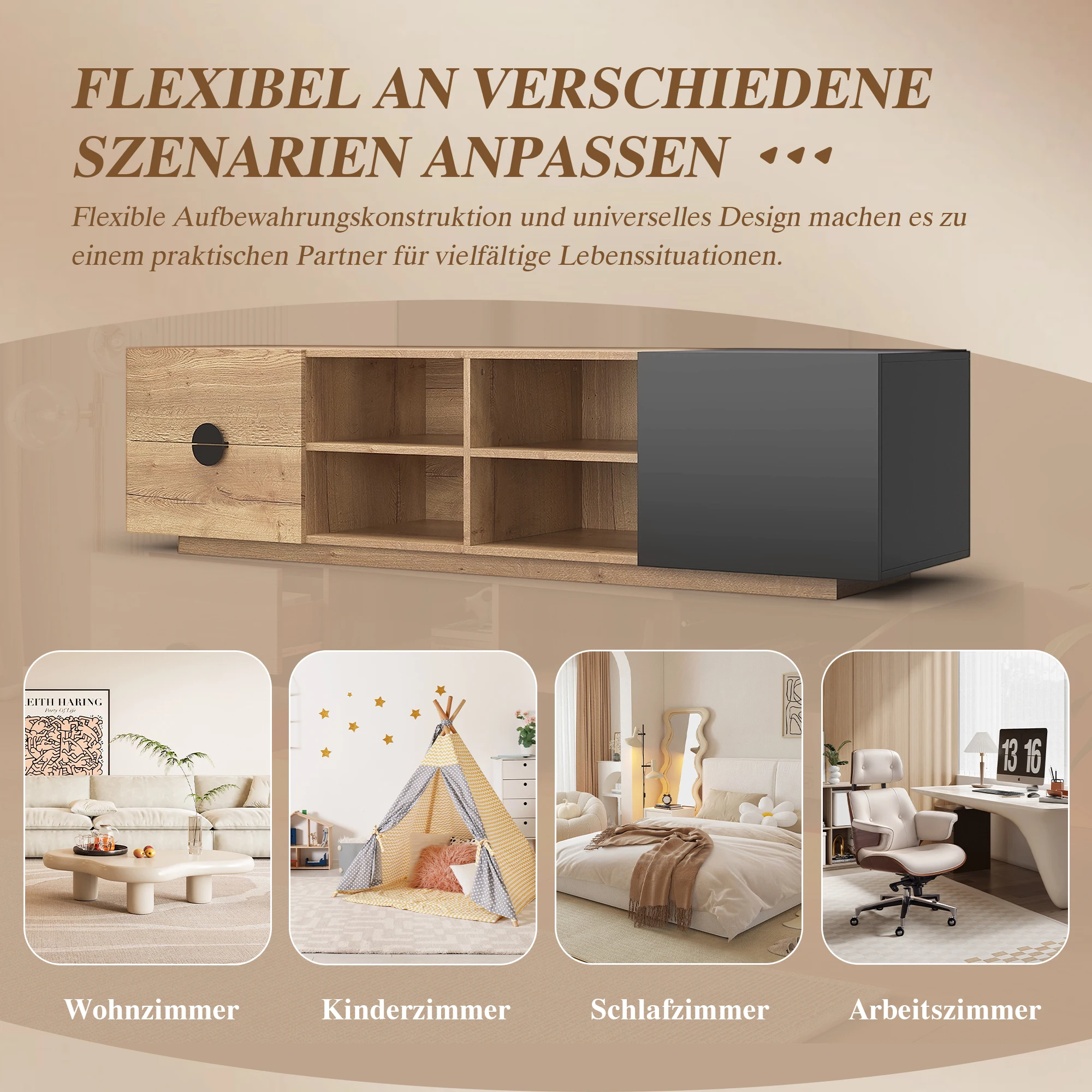 LVHOM TV-Ständer aus Holz mit Schubladen, offener und geschlossener Aufbewahrung, Medienkonsole für das Wohnzimmer, 180 x 38,5 x 47 cm – Detail 6