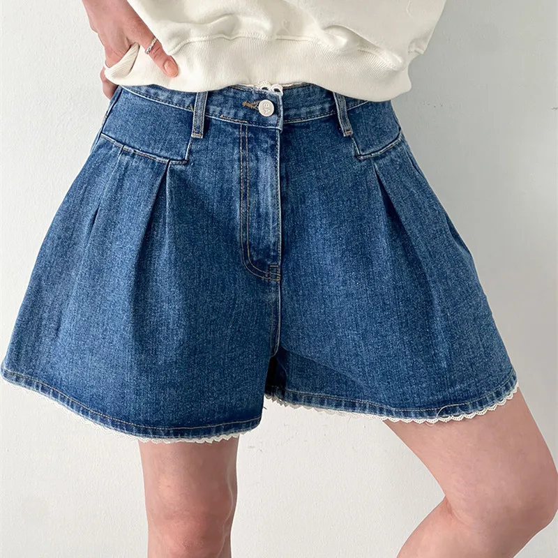 

Chic Lace Denim Shorts Streetwear Women Casual Loose For Korean Ladies High Waist Jeans Short 2024 Summer N906a