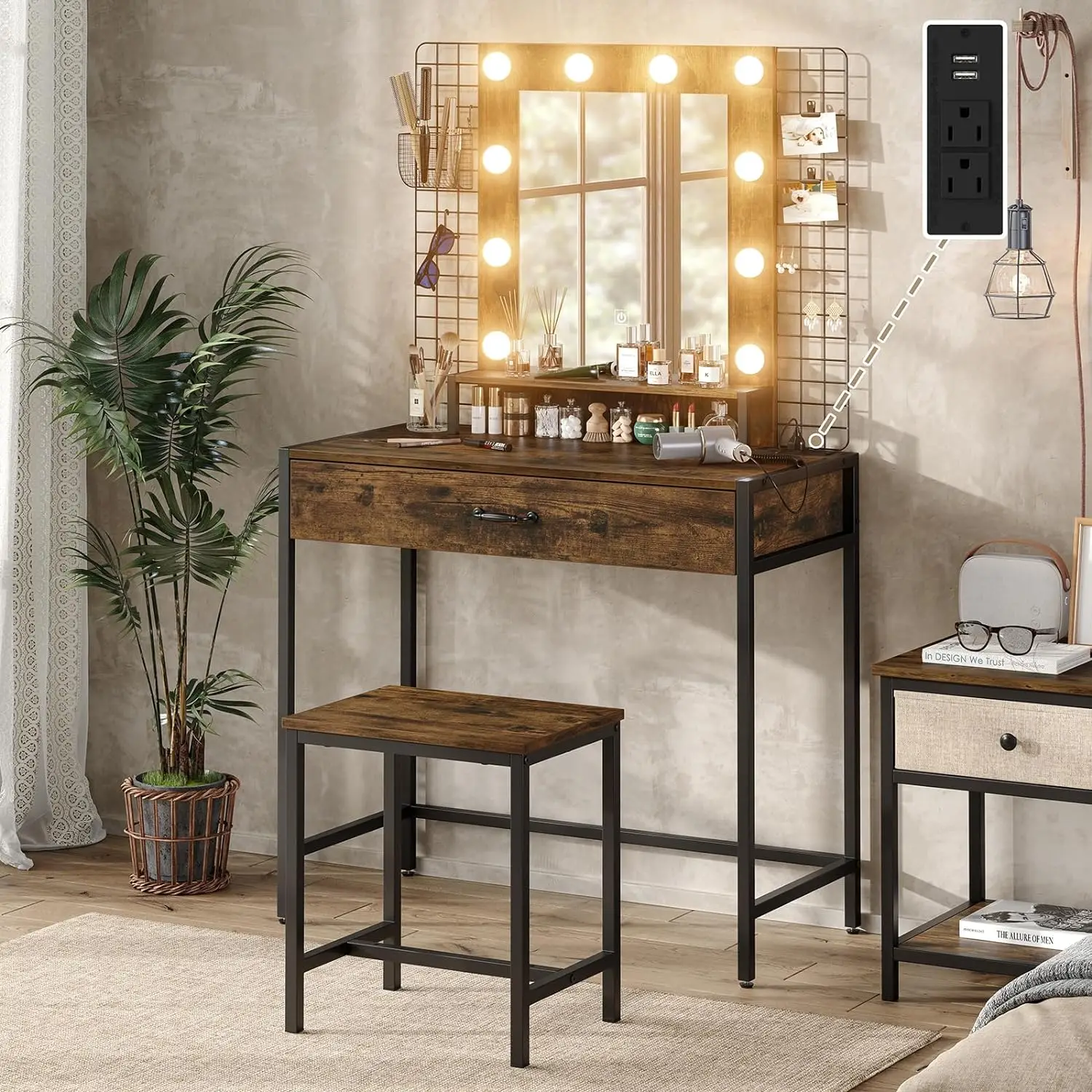 

Makeup Vanity Desk Set with LED Lights and Mirror, 33" W Makeup Table with Drawer & Charging Station, Dressing Table with Stool