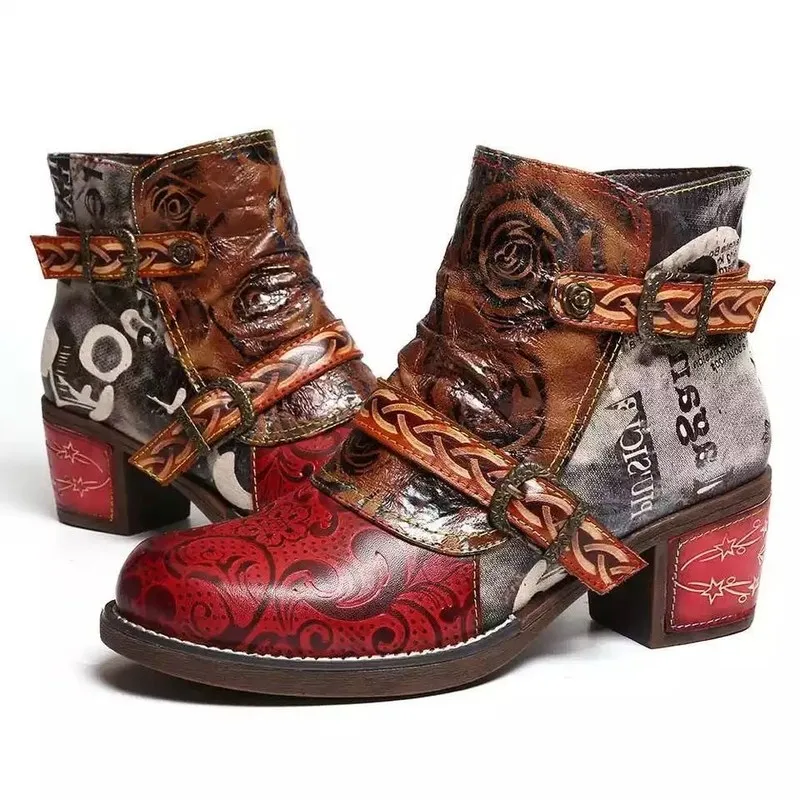 Women Ankle Boots Fashion Vintage Splicing Printed PU Leather Retro Block High Heels Zipper Big Size