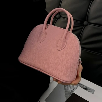 Pink Fashion Cute Simple Shell Bag Genuine Leather BagHandbag For Women Real Cowhide Leather Bowling Bag Shoulder Crossbody Bag