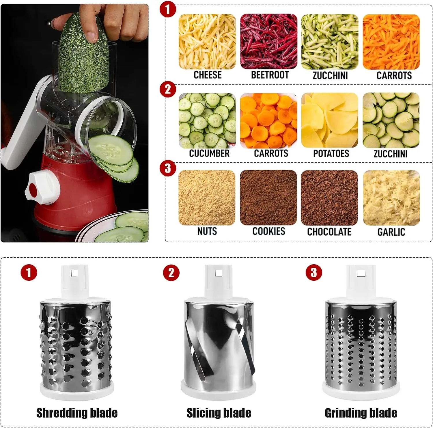 3 in 1 Rotary Cheese Grater for Kitchen