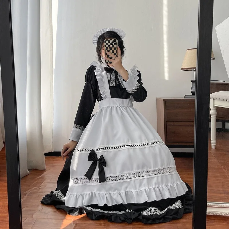 Plus Size Lolita Dress Anime Cosplay School Girl Maid Uniform Goth Lolita Black White Medieval Dress Long Sleeve Apron Outfits lolita dress lolita suspender dress lolita cosplay costumes suspender dress lolita skirt lolita blouses