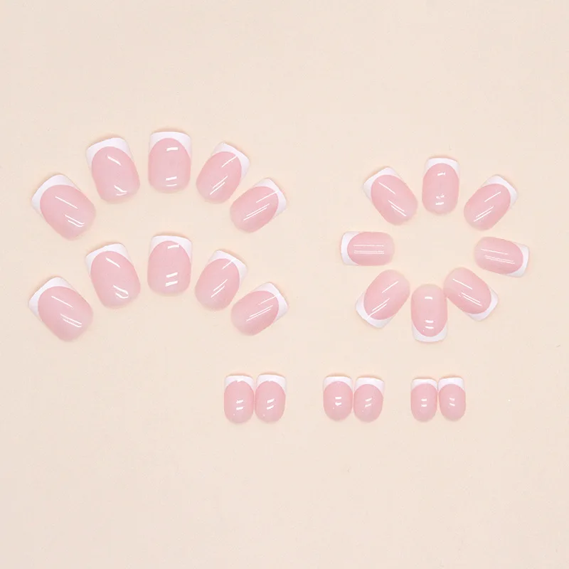 Simple French Press on Fake Nails Pink Gradient Glossy Artificial Finger Manicure Reusable for Women 24 Pcs fake nails