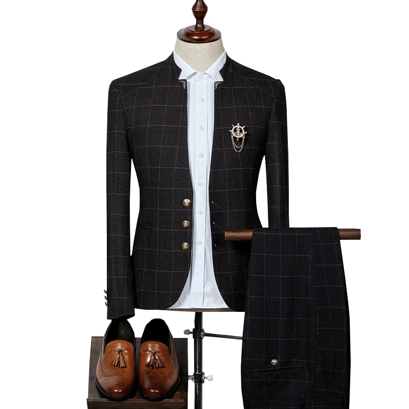 

(Jacket+Pants) Brand Clothing Fashion Men Plaid Suit Set English Slim Fit Party Dress Groomsman Suit High End Suits Size S-3XL