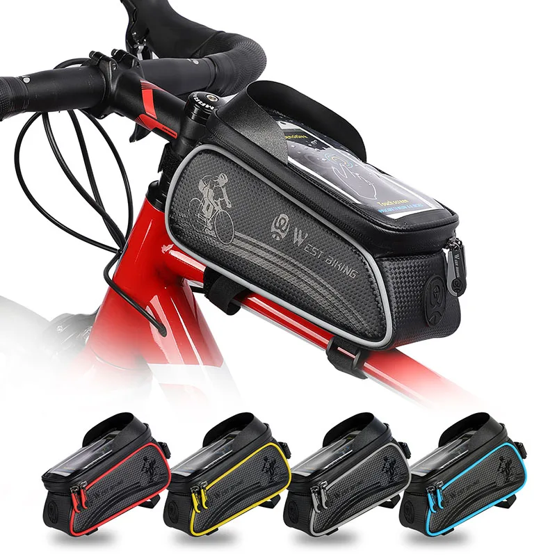 Bicycle Bag WEST BIKING 6.5 Inches Bicycle Bag Waterproof Cycling Top Front Tube Frame Bag Touch Screen Phone Case Storage MTB Road Bike