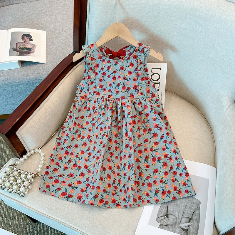 

Girls' Dress Summer New Baby Girls' Vest Dress Sleeveless Bow Doll Collar Floral Dress