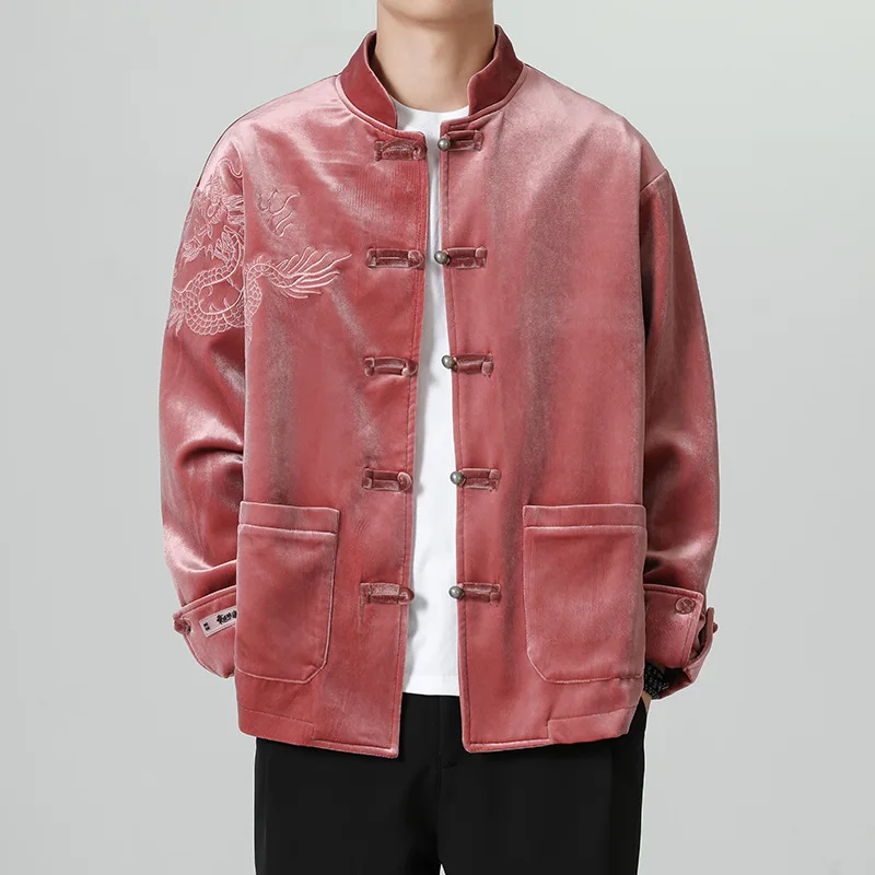 Autumn Winter Velvet Jacket Men's New Chinese Style Vintage Tang Costume Traditional Dragon Embroidery Coat Large Size 5XL Top