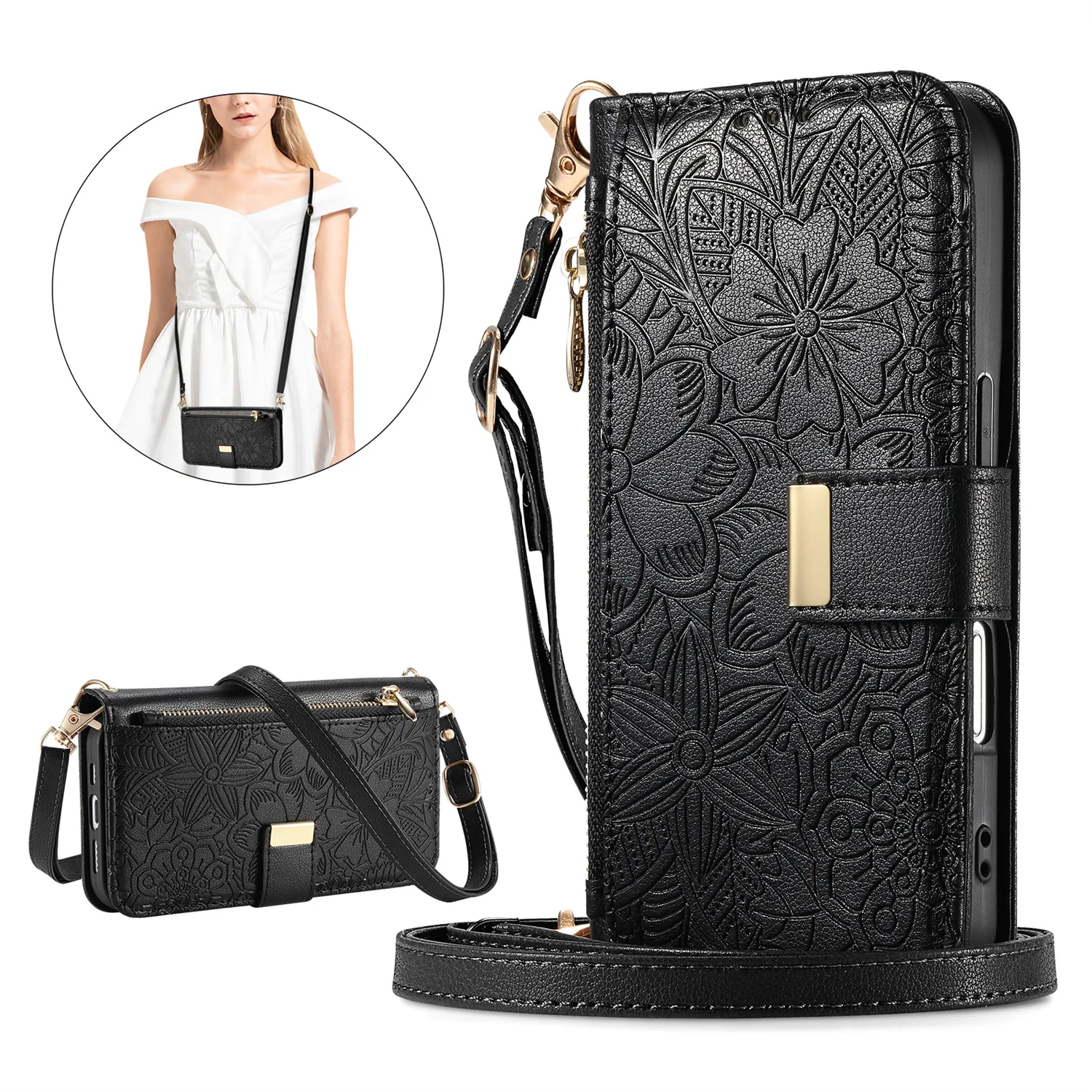 Luxury Leather Crossbody Wallet Case with Zipper and Lanyard - Multi-Card Wristlet Flip Cover