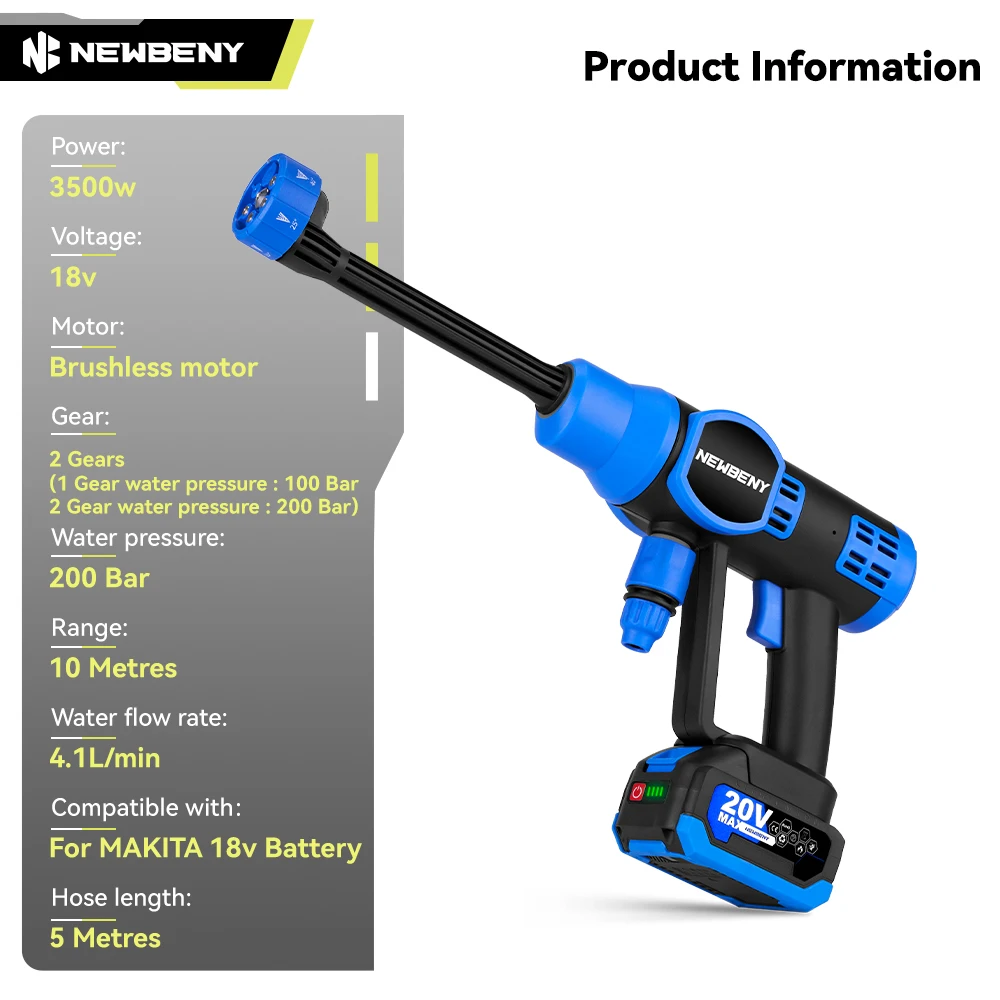 NEWBENY 200Bar 6 IN 1 Brushless Electric High Pressure Washer Cordless Car Garden Washing Power Tools For Makita 18V Battery 2