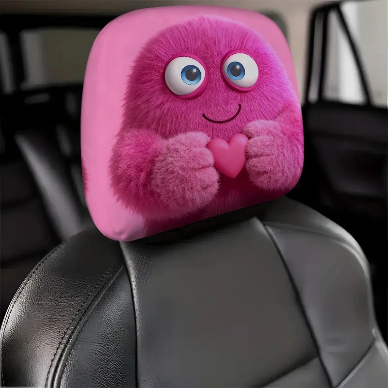 Rosa Flauschige Niedliche Kreatur mit Herz Illustrationsdruck Auto-Kopfstützenbezug, 2D Flach, Ideales Perfektes Auto-Innenausstattungszubehör – Detail 5