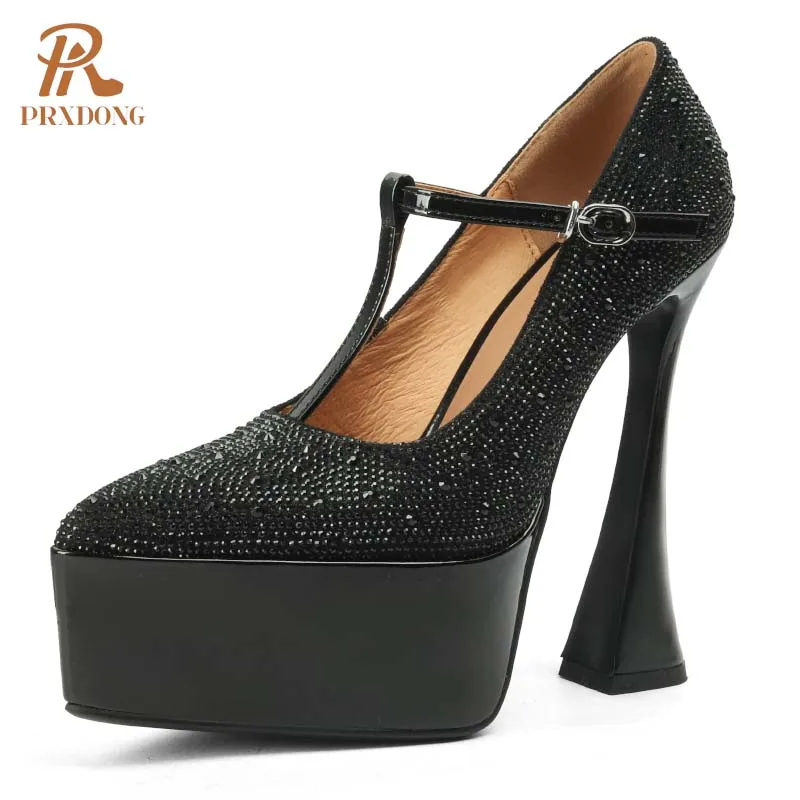 

PRXDONG Women's Shoes 2024 New Sexy High Heels Thick Platform Crystal Black White T-strap Dress Party Wedding Female Pumps 34-39