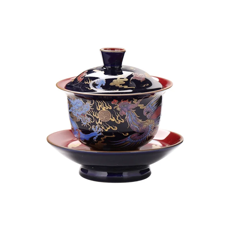 Enamel Color Gaiwan, Ceramic Tea Bowl Porcelain Gaiwan Set, Kung Fu Tea Set, Red Dragon and Phoenix Pattern, Large Cover Bowl