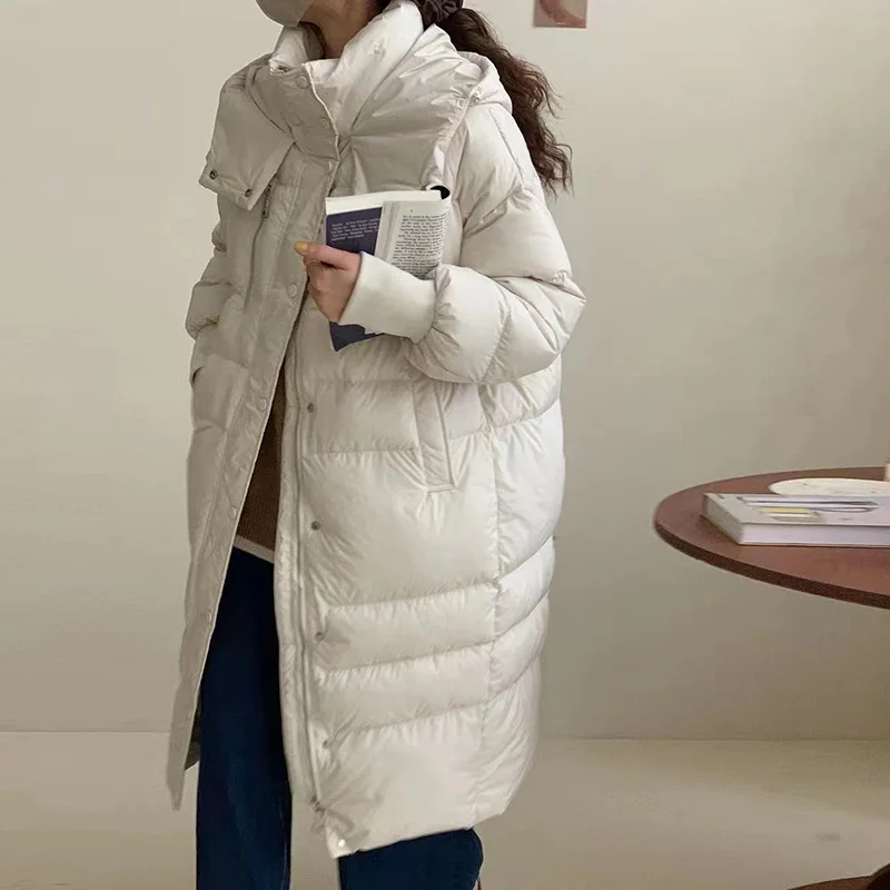 

90% white duck down long down jacket for women's 2022 winter new high-quality simple thick hooded warm solid color coat fashion