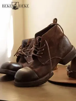 Mens Horsehide Genuine Leather Ankle Boots Vintage Block Med Heels Lace Up High Top Work Safety Shoes Handmade Motorcycle Boots