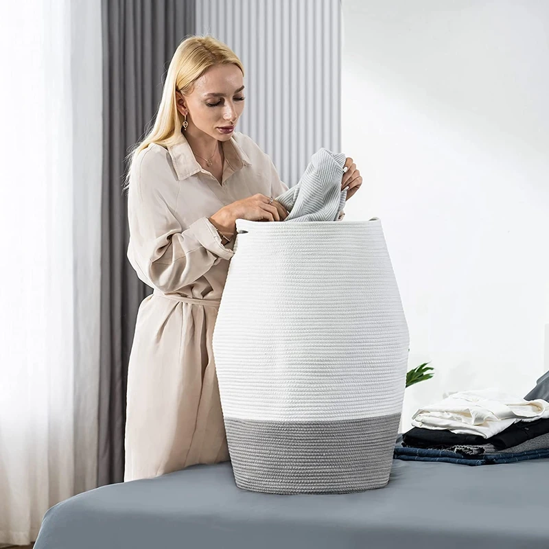 

New Cotton Rope Laundry Hamper Extra Large Woven Collapsible Dirty Clothes Basket For Blankets Toys Tall Round Storage