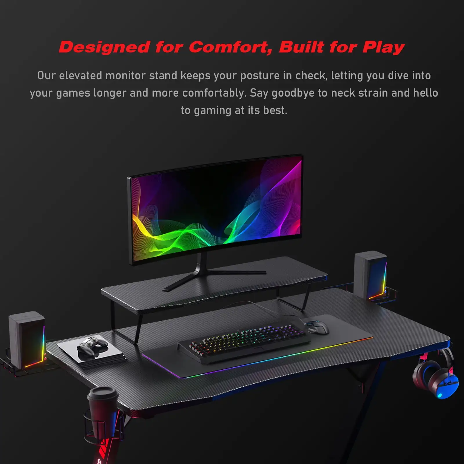 Ergonomic Curved 3-Sided LED Z-Leg Gaming Desk, Black 4