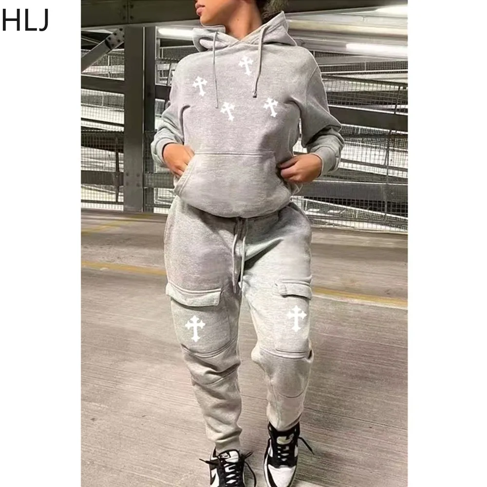HLJ&GG Winter Fashion Pattern Print Hooded Two Piece Sets Women Long Sleeve Top And Jogger Pants Tracksuits Casual 2pcs Outfits