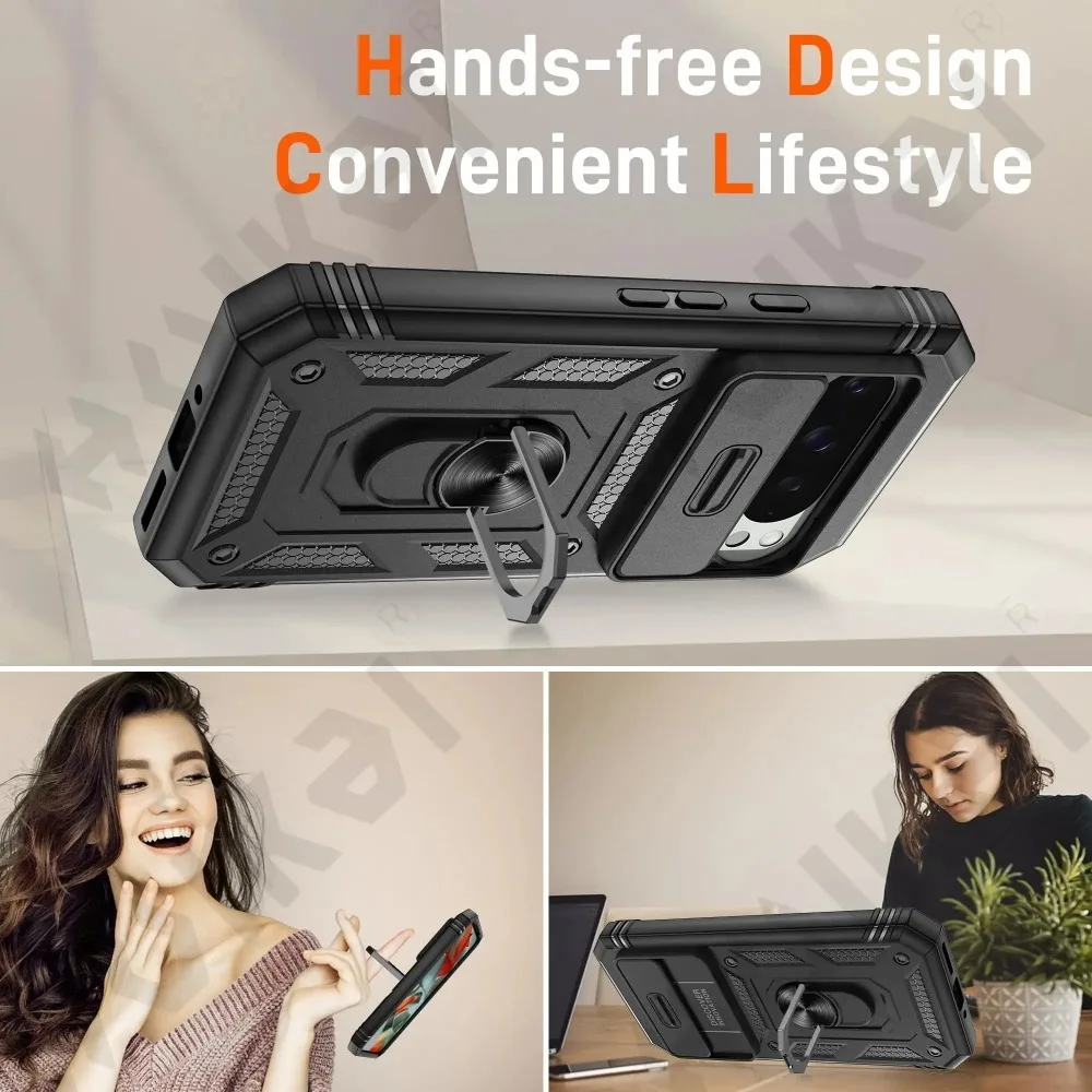 Rugged Protective Case with Finger Ring Stand and Slide Camera Cover