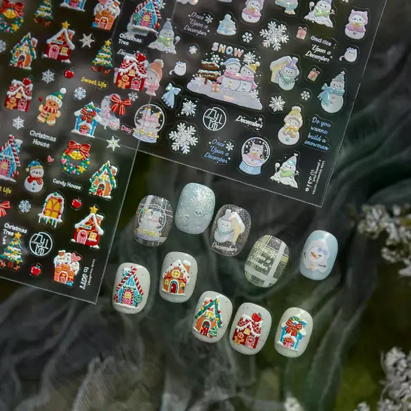 Christmas Relief Nail Art Stickers -Winter Fantasy Snowman House Decorative Stickers for Kids Manicure DIY & Holiday Nail Design