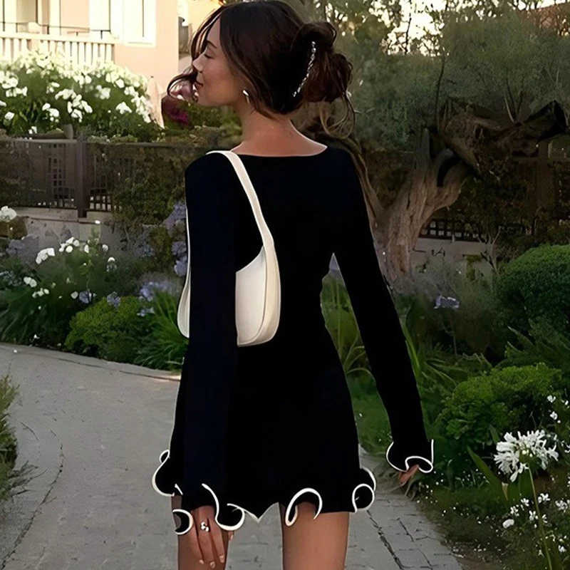 New Women's Dresses Elegant Round Neck Pleat Long Sleeve Casual Slim Pink Sexy Black Short Dresses Lady Street Chic Party Dress 2