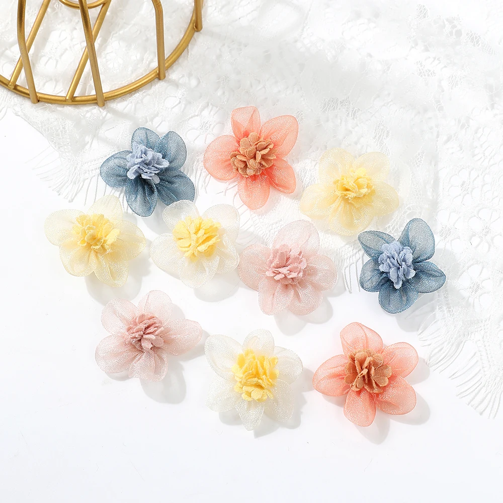 5PCS New Organza Fabric Flower For Hair Accessories Artificial Hairpin Accessories Flowers For Dress Wedding Decoration Crafts