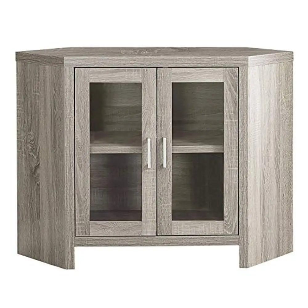 

Corner TV Stand Glass Doors Dark Taupe Wood-look Finish 42" Entertainment Center Sturdy Shelves Small Space Friendly TV Sizes up
