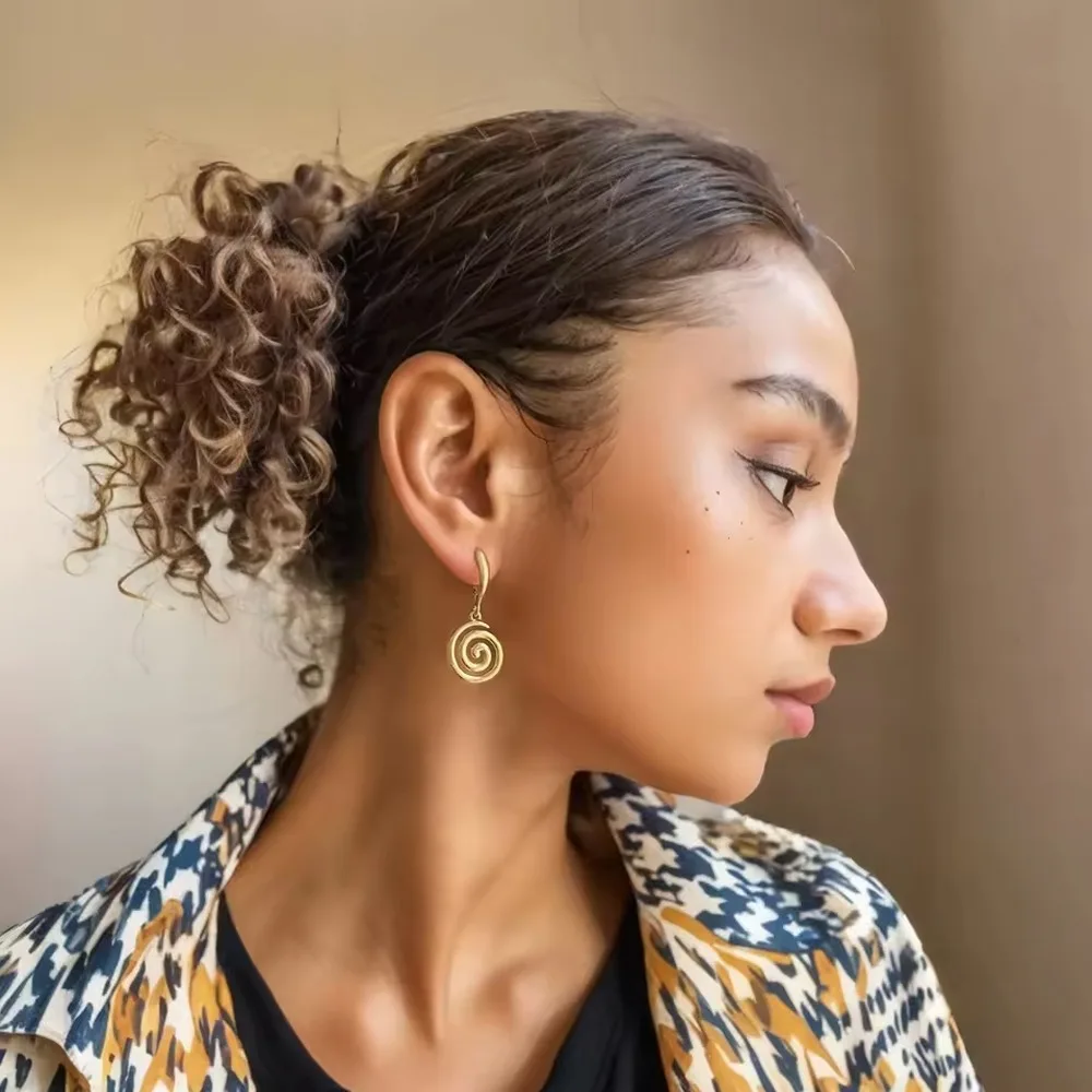 Stainless Steel Twist Spiral Vortex Pendant Earrings for Women Finely Polished 18K Gold Plated Waterproof Hypoallergenic Jewelry