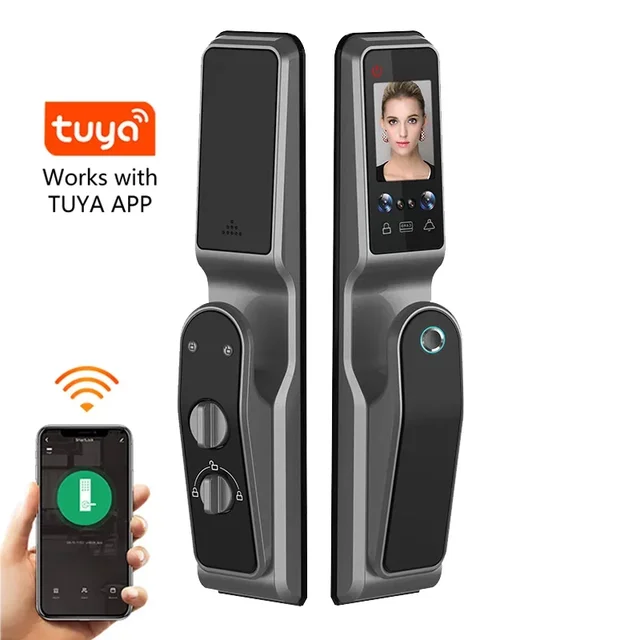 005Tuya Wifi Fingerprint Recognition Smart Door Lock Cat Eye Automatic Face door lock with Camera Capture Function 1