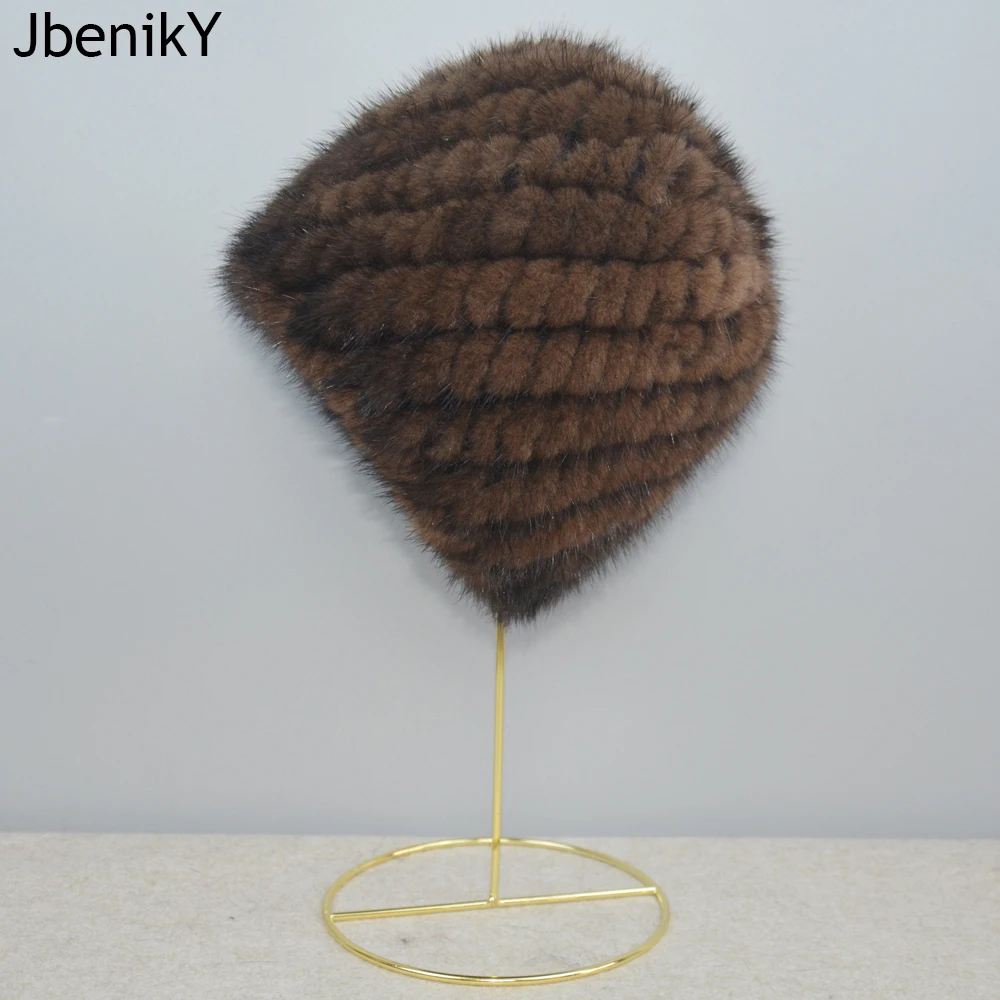 Russia Winter Lady Natural Mink Fur Beanies Hat Knit Warm Striped Genuine Mink Fur Caps Women Good Elastic Real Hat