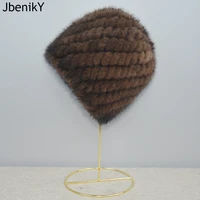 Russia New Winter Lady Natural Mink Fur Beanies Hat Knit Warm Striped Genuine Mink Fur Caps Women Good Elastic Real Mink Fur Hat 1