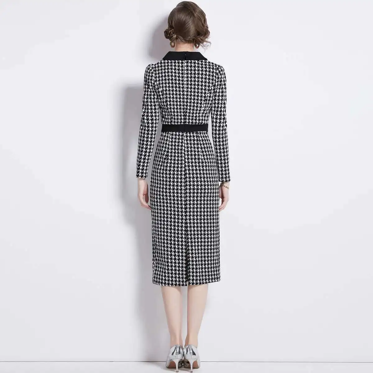 Fashion Black White Checkered Houndstooth Dress Women Long Sleeve Sheash  Pencil Midi Dresses Office Lady Double Breasted - AliExpress 200000345