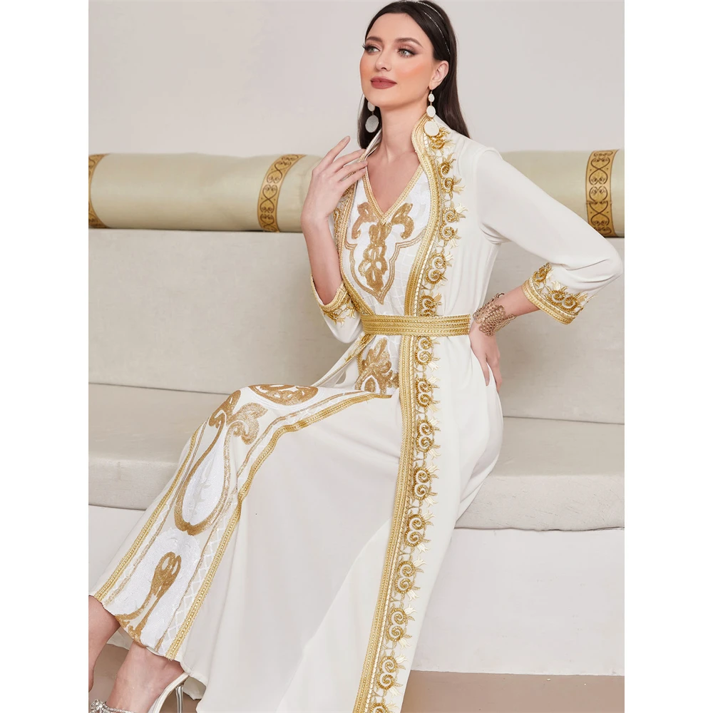 

Morocco Elegant Women Muslim Vintage Abaya Lace Sequins Long Sleeve Maxi Dress Turkey Arabic Dubai Kaftan Party Gown Evening