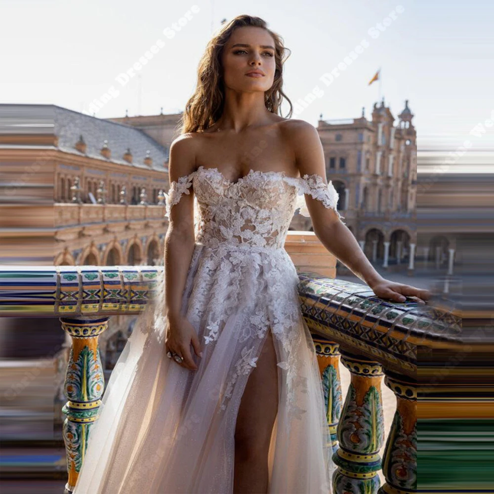 2025 Off The Shoulder Sleeveless Wedding Dresses Elegant Bridal Lace Sleeves A-Line Fork Engagement Ball Women Robes Customized 3