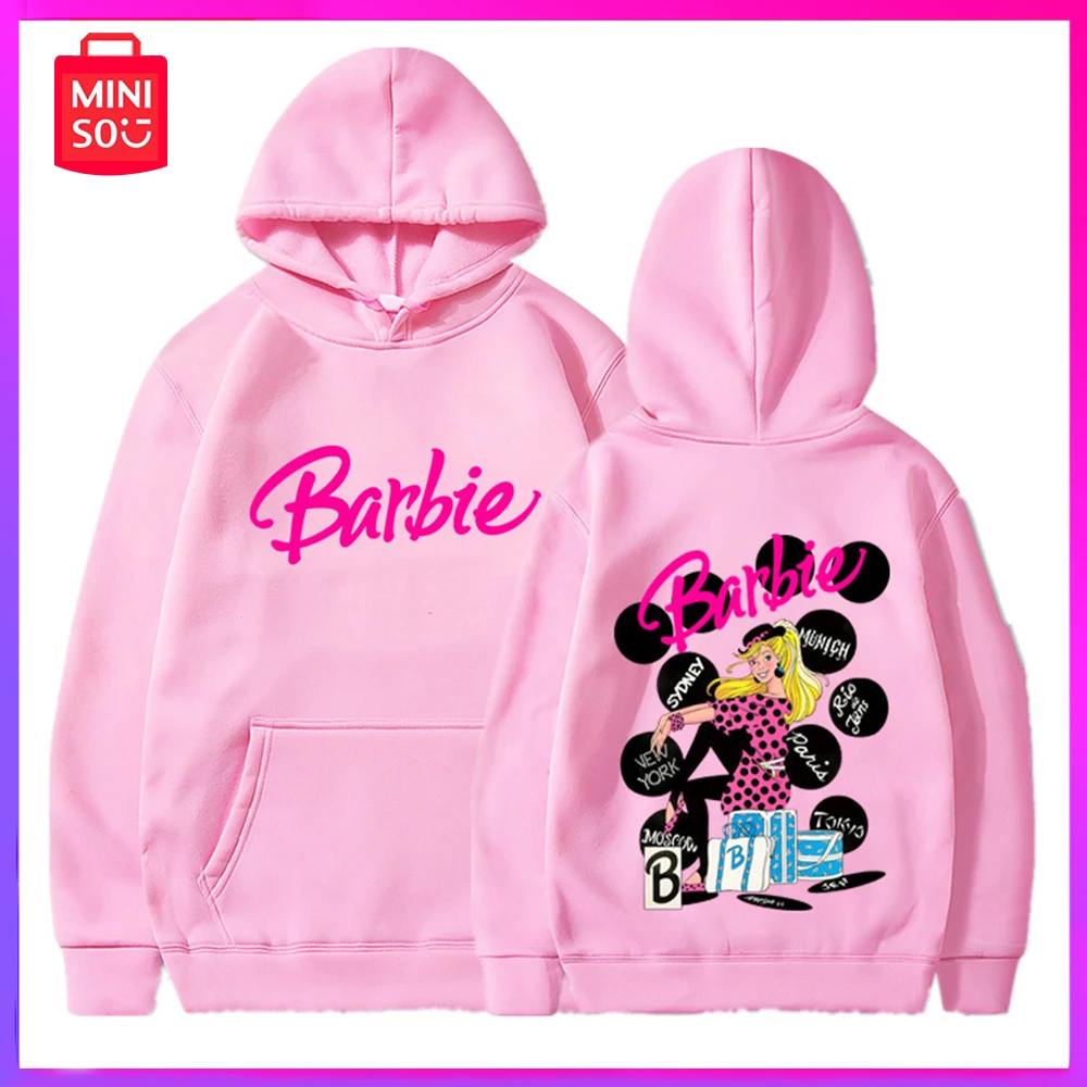 

2023 Miniso Barbie Winter Couple Good-Looking Loose Fashion Warm Print Plus Fleece Thick Hoodie Pink Kawaii Christmas Girl Gift