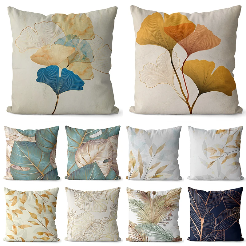 

45x45cm Ginkgo Print Cushion Cover Polyester Sofa Pillow Cover Home Decor Square Pillowcase Waist Pillow Case