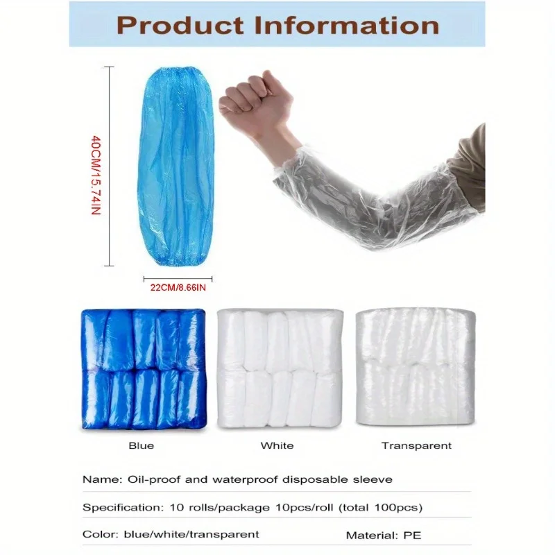 Waterproof oversleeves 100 Pcs Protective Waterproof Disposable Plastic Arm Sleeves Covers Oversleeves Oil-Proof with Elastic Wrist for Kitchen Restaurant