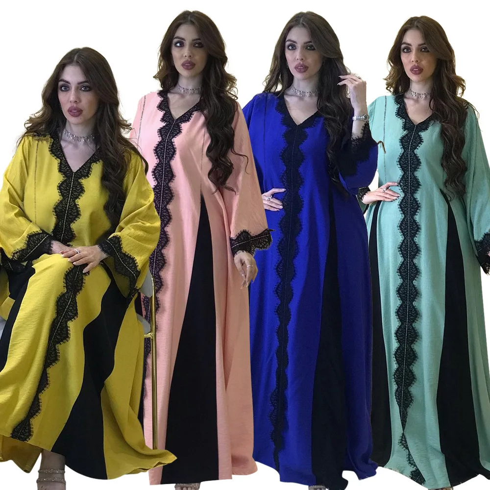 

Muslim Abaya Lace Dress V Neck African Dashiki Vestido Cardigan Kimono Long Robe Gowns Jubah Middle East Ramadan Arab Islamic