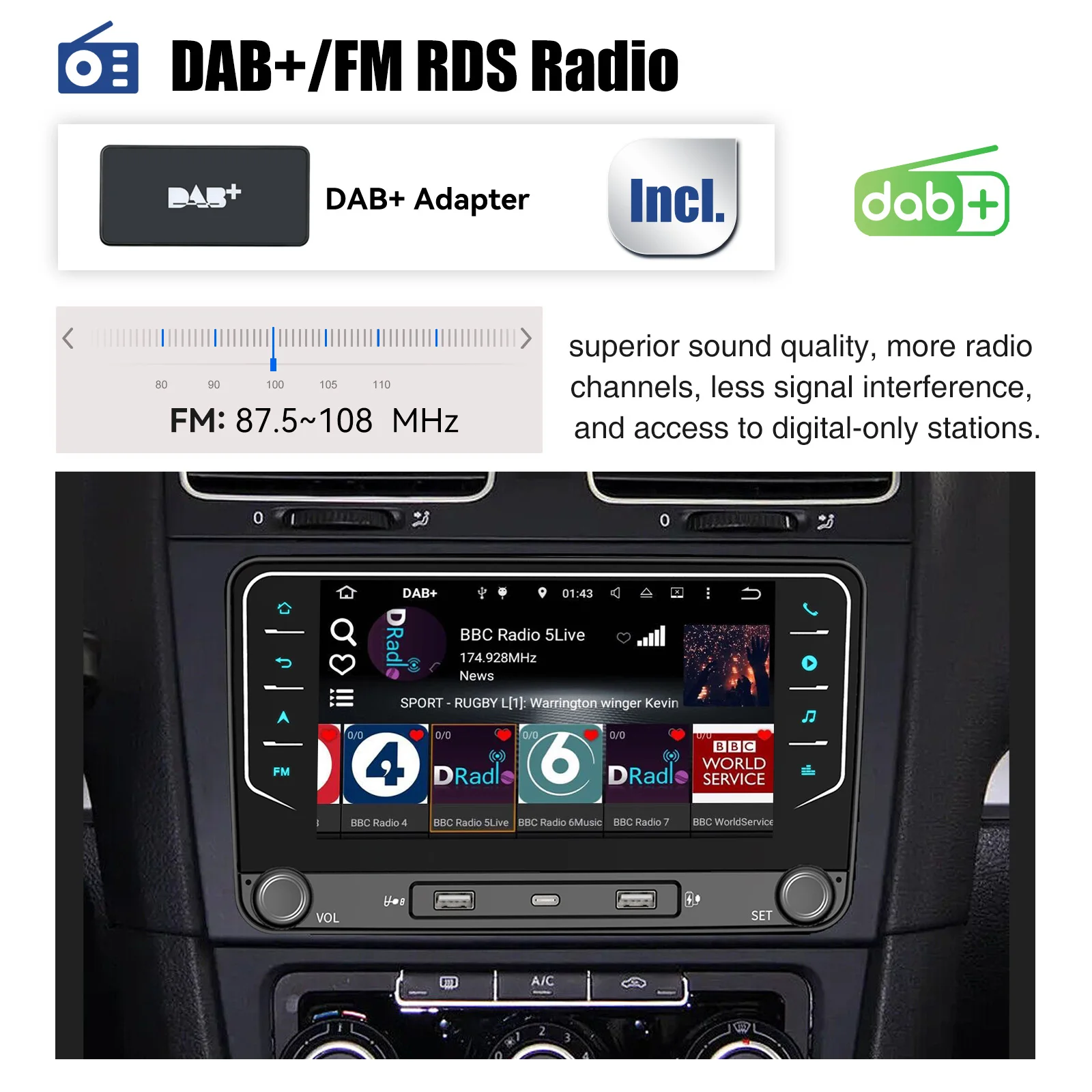 ESSGOO Radio de coche 2 Din Android 15, reproductor multimedia inalámbrico para coche, GPS, WiFi, para Volkswagen Skoda Octavia golf 5 6 touran passat polo Jetta 8