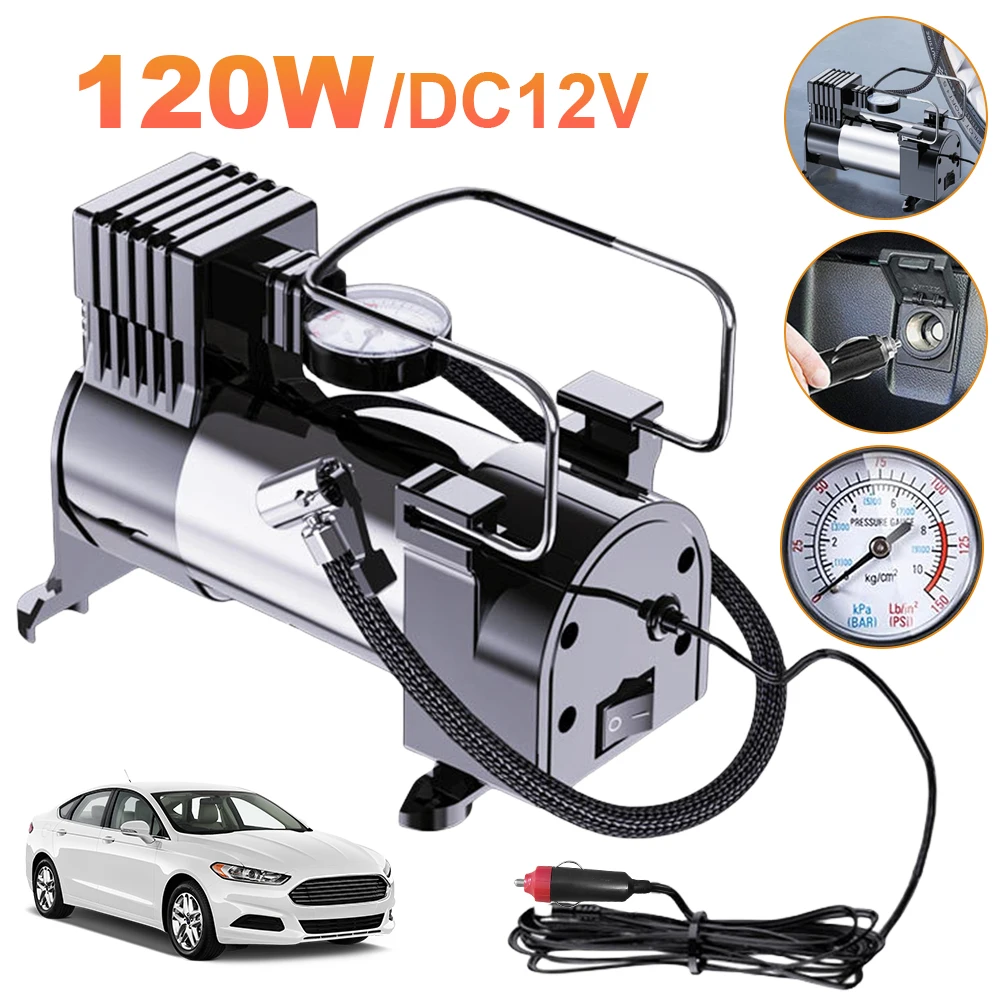12v Heavy Duty Deluxe Portable Metal Air Compressor Auto Tire Inflatable Pump With Digital Pressure Gauge Cylinder Power System
