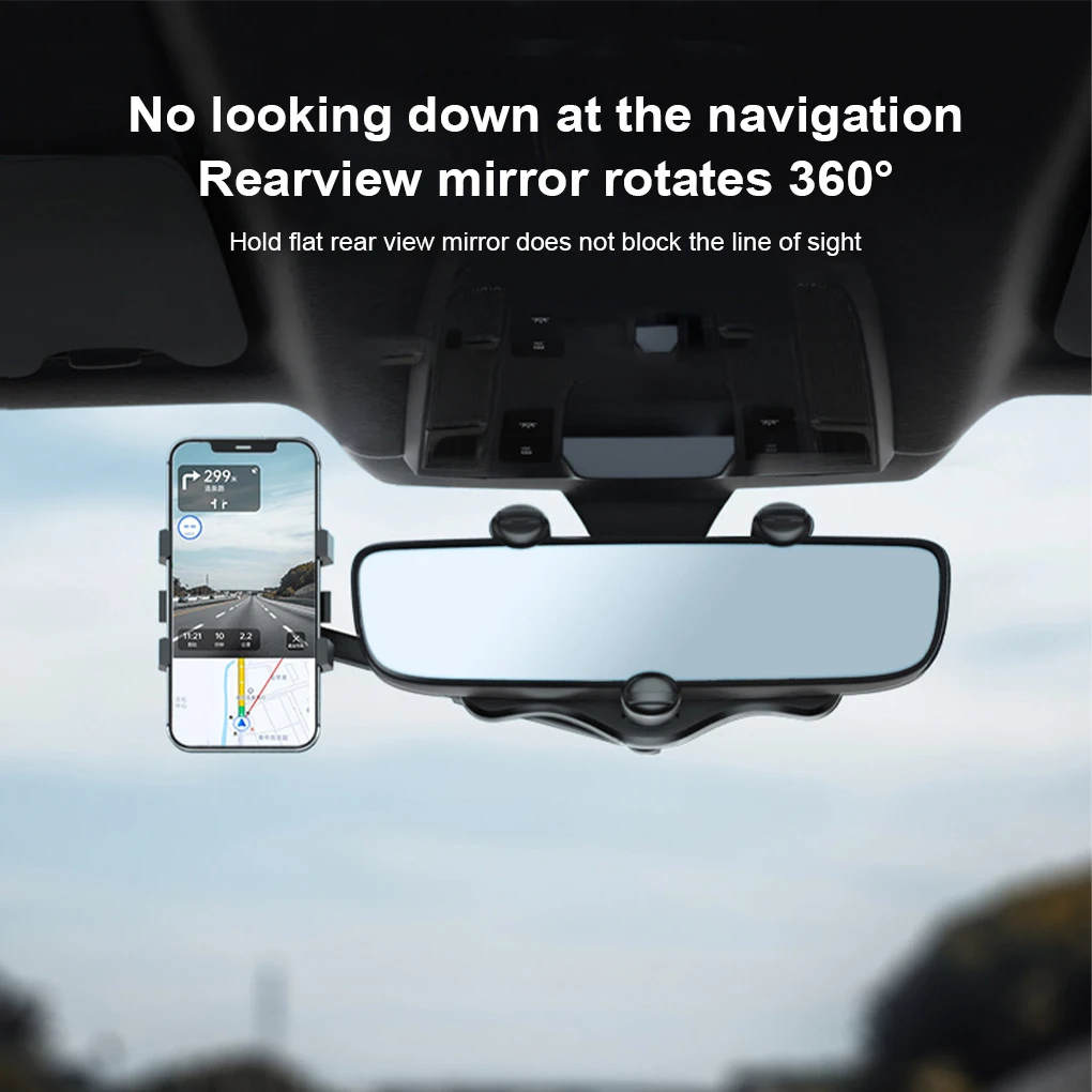 Car Rearview Mirror Phone Holder 360° Rotatable Driving Mount Buckle Locking Phone Navigation Stand Telescopic Hanging Cradle